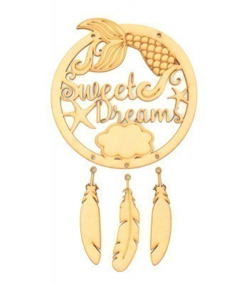 Laser Cut 'Sweet Dreams' Mermaid Dream Catcher with Hanging Feathers